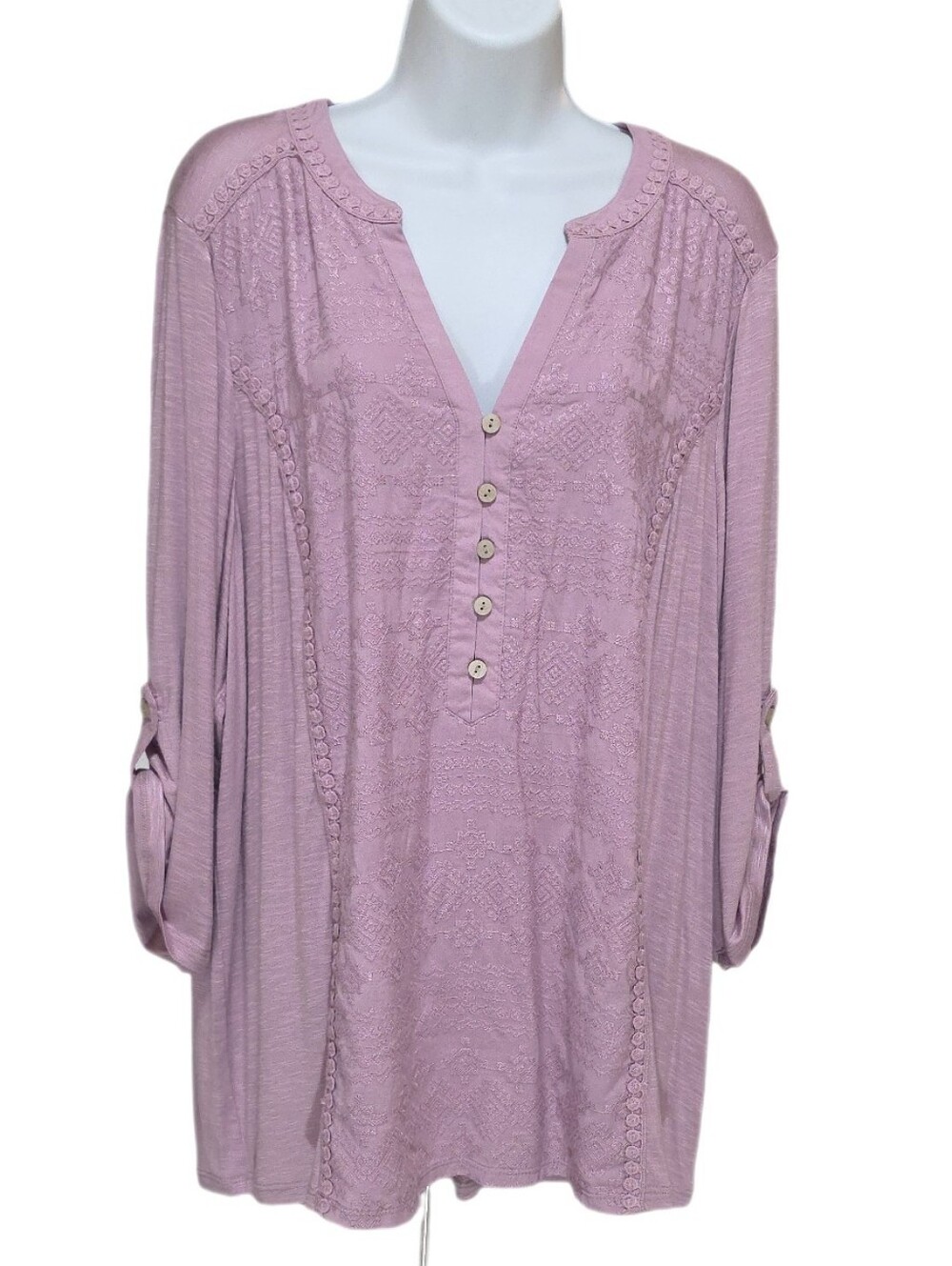 Democracy Plus Size Embroidered Lace Blouse Top Split Neck Roll Tab 3/4 Sleeves